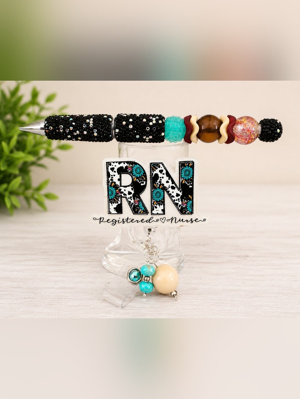 Handmade RN Badge Reel & Beaded Pen Set, Nurse Gift, Turquoise Western Cow Print